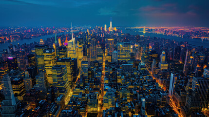 Aerial view of New York City skyline at night