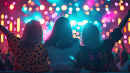 Back view of female friends having fun on a music concert