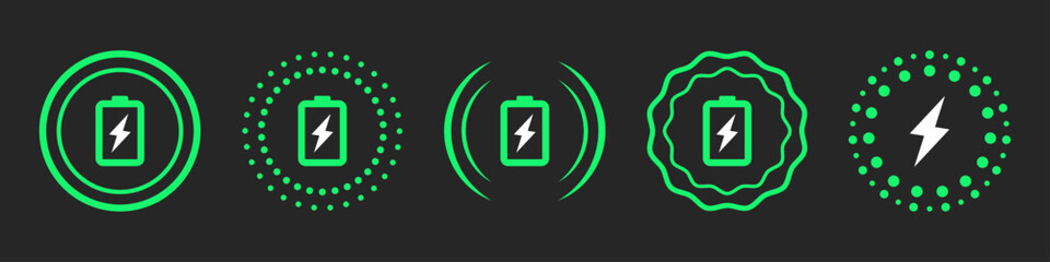 fast charging symbol icon set of five designs. Wireless charger concept. Wireless charging icons in green color . Phone charge simple signs. Vector illustration.