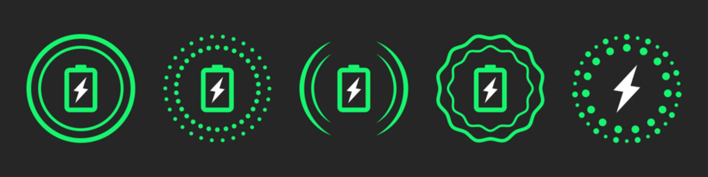 fast charging symbol icon set of five designs. Wireless charger concept. Wireless charging icons in green color . Phone charge simple signs. Vector illustration.