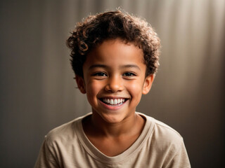 Cheerful 5-Year-Old Black Boy Model with Blond Hair, Sporting a White T-Shirt, Positively Radiating Joy on a Flawless White Background