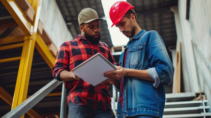 Check the delivery schedule again. Two warehouse workers standing on stairs using digital tablets and looking at documents