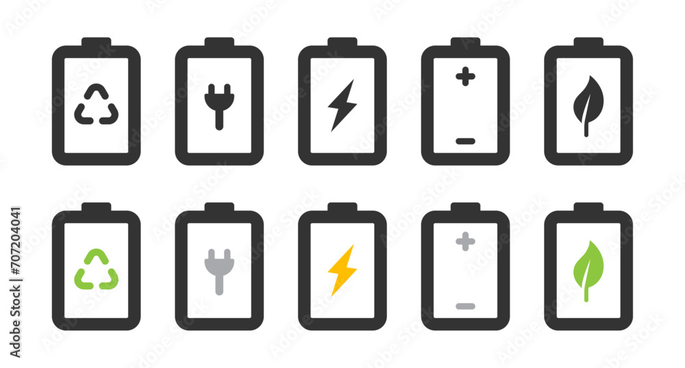 Poster battery icon set with battery saver mode charging and low battery indicator in black and colorful. v