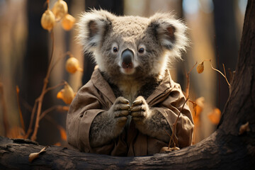 Peaceful gray koala sensei in kimono sits in autumn forest and meditates. Concept of eastern wisdom, martial arts, yoga, Buddhism, peace, tranquility, relaxation, fall, zoo, wildlife. - obrazy, fototapety, plakaty
