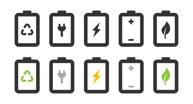 Battery icon set with battery saver mode charging and low battery indicator in black and colorful. Vector battery power icon. Vector Illustration.