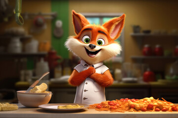Realistic 3D illustration. Little cute fox chef in kitchen of school canteen. Food blogger. Cartoon character chef child. Blurred background with shelves with products. Sliced ​​vegetable on table