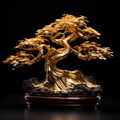 Afwasbaar fotobehang A shiny golden bonsai tree placed on a dark black background © Trendy Graphics