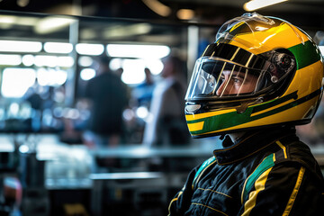 Close up photo of a racer wearing a helmet as protection - obrazy, fototapety, plakaty