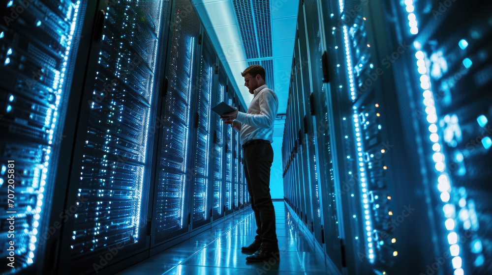 Poster man is standing in a data center with rows of server racks, holding a tablet and presumably managing