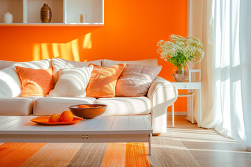 design for cozy modern living room, soft colors. Nice modern french design for a room, catalogue. Beige and orange, yellow, white. Furniture store.