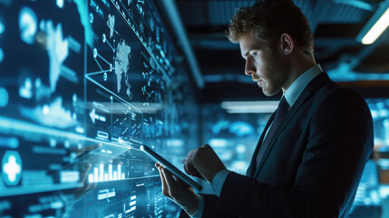 Businessman using a smartphone, with a focused expression on his face, against a futuristic background with digital graphics and glowing light effects