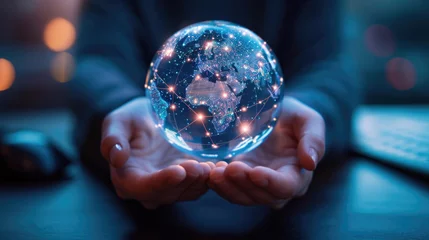 Foto op Aluminium Pair of hands holding a transparent globe with digital connections and nodes superimposed over it, representing a network, global communication © MP Studio