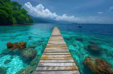 Wooden pier extending into clear turquoise sea with mountains in the background and a cloudy sky.