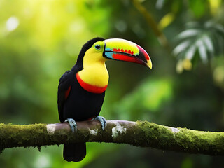Fototapeta premium Keel-billed Toucan, Ramphastos sulfuratus, bird with big bill. Toucan sitting on the branch in the forest, Boca Tapada, green vegetation,
