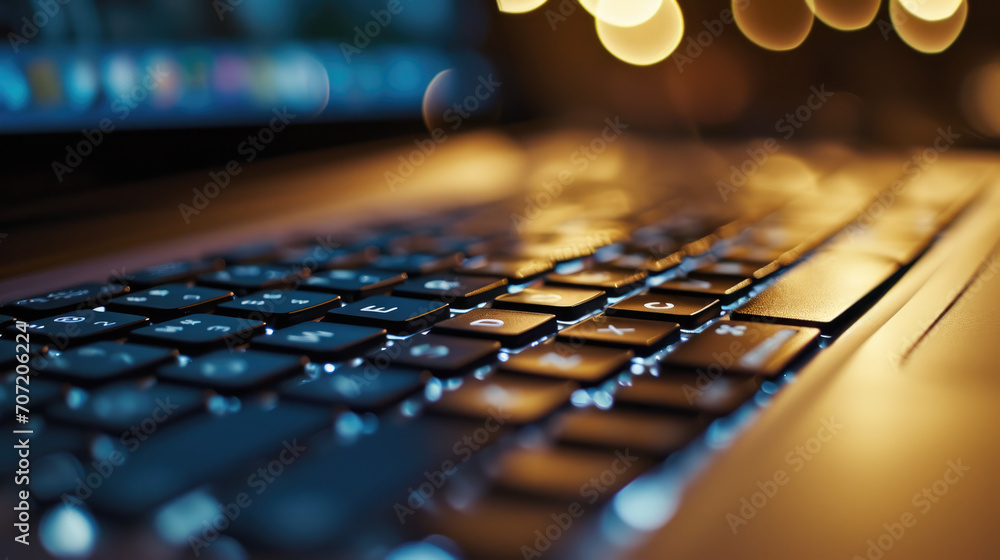 Aufkleber close-up of a laptop keyboard with backlit keys, with a shallow depth of field and a bokeh effect in