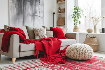 design for cozy modern living room, soft colors. Nice modern french design for a room, catalogue. Beige and orange, red, grey. Furniture store. Sofa