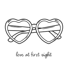 Hand drawn vector illustration of sunglasses in heart shaped frames. Romantic doodle sketch for valentine's day. 