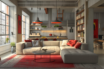 design for cozy modern living room, soft colors. Nice modern french design for a room, catalogue. Beige and orange, red, grey. Furniture store. Sofa and book shelves. Bookshelves