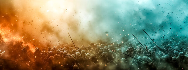 A wide-angle, dramatic representation of a battle scene with silhouetted soldiers, weapons in hand, amidst a chaotic blend of fiery and smoky atmosphere, capturing the intensity and turmoil of war - obrazy, fototapety, plakaty