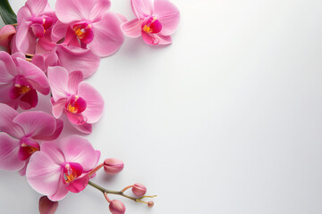 Fototapeta na wymiar Bright spring and summer background in white with white and pink orchids . Frame of flowers with place for text, copyspace, web banner and postcard, spa and relax
