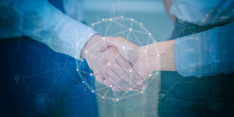 Financial background of businessman handshake in teamwork concept, HR recruitment and technology.
