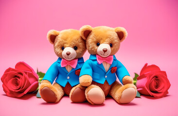 Teddy bear toys in blue jackets, red roses on a pink background lie next to them, for congratulations, for cards. Generative AI.