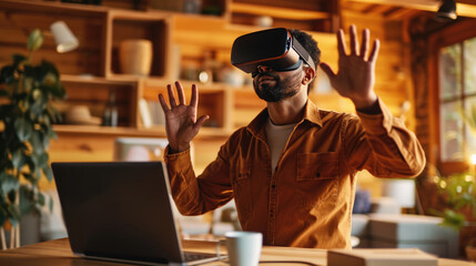 Man is engaging with virtual reality using a VR headset, with his hands raised in front of him