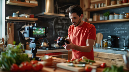 Fototapeta premium Man is focused on adjusting a camera in a home kitchen setting, with a video setup in the background, suggesting he is filming a cooking tutorial or vlog.
