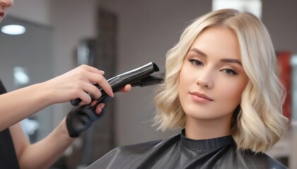 beautiful blonde model woman in the hairdresser salon gets a new haircut, dyes her hair and style it created with generative ai