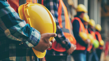 Close-up of a row of construction workers holding their yellow and orange safety helmets - obrazy, fototapety, plakaty