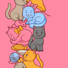 Pattern with cute kawaii cats. Fun animal background.
