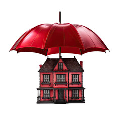Red umbrella protecting house model. Transparent background