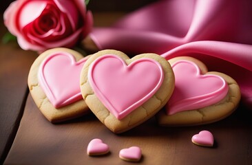 Obraz premium Heart-shaped cookies with pink icing for St. Valentine's Day. space for text on cookies