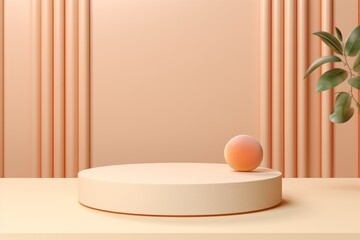 Fototapeta na wymiar empty cylindrical podium on a beige background with peach for the presentation of a cosmetic product. Minimal scene. Stage for showcase, Mockup product display.