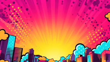 Fototapete Rund Cityscape with sunburst and clouds in cartoon style. Ai generative. © viking75