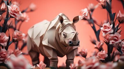 Aesthetic Look Vintage paper animal rhino origami with minimal background, 3d illustration - obrazy, fototapety, plakaty