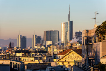 Naklejka premium Beautiful cityscape on the roof of Duomo di Milano in Milan on December 2023