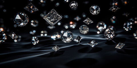 Cut diamonds of different sizes sparkle under the lamps on black velvet. - obrazy, fototapety, plakaty