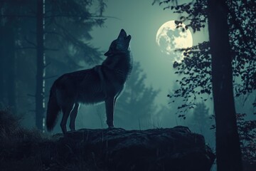 Lone wolf howling at the moon in a dense forest