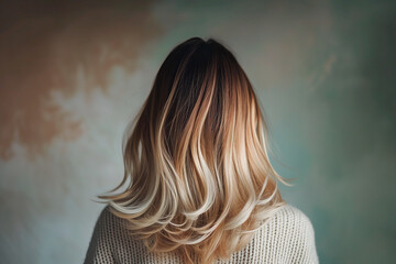 Woman from the back with balayage ombre hair dye technique, featuring a gradual transition from darker roots to lighter ends - obrazy, fototapety, plakaty