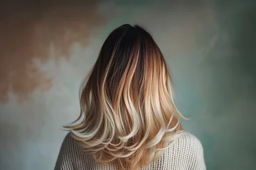 Gordijnen Woman from the back with balayage ombre hair dye technique, featuring a gradual transition from darker roots to lighter ends © KEA