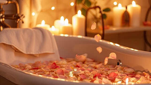 A luxurious bath setting with floating rose petals in a clawfoot tub, surrounded by flickering candles, fluffy white towels, and a serene ambiance 