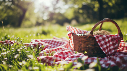 Wicker picnic basket with a red and white checkered cloth on it, set on a grassy field with dappled sunlight filtering through the trees.
