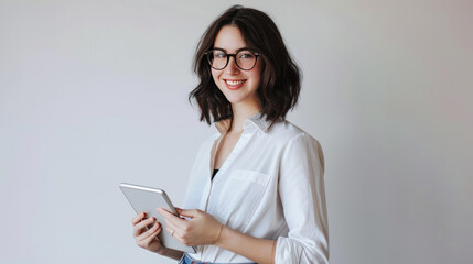 Cheerful young woman holding a tablet in her hand.