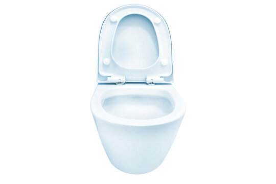 Blue flush toilet with open lid, water closet, ceramic seat in PNG isolated on transparent background