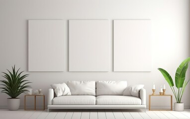 Living room interior design. Minimalistic style art studio space mockup. Huge white framed blank art canvas on large wall in minimal room. Soft day light. Gallery, exhibition, exposure. AI Generative.