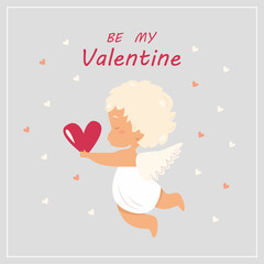 Valentine’s day greeting card template with cute cupid and hearts.