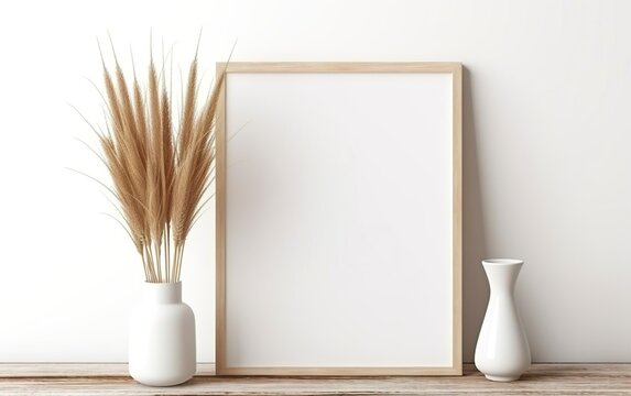 Minimalistic design. Mock up poster frame, vase with dry pampas grass in vase on wooden shelf and white wall background. Natural concept. Clay, glass, paper and wood. AI Generative.