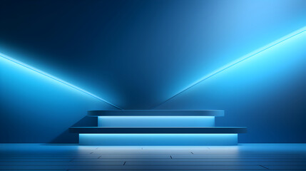 Blue abstract background of empty corner of the room along with falling light from the window on the podium for presentations