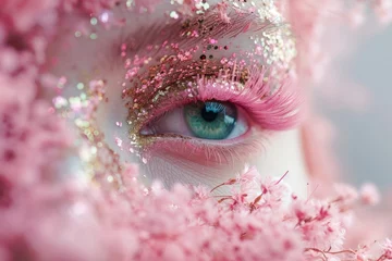 Foto op Aluminium surreal composition with a green eye surrounded by delicate spring pink flower petals © nnattalli